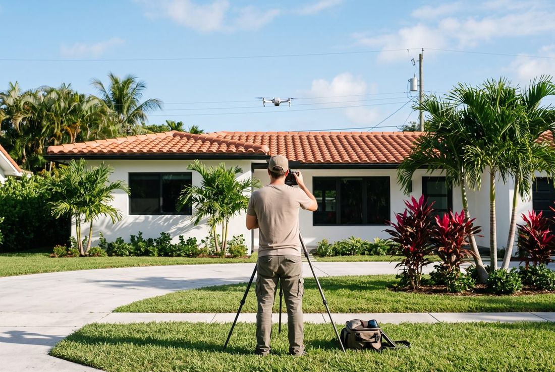 Real estate photographer and drone shooting a Miami home