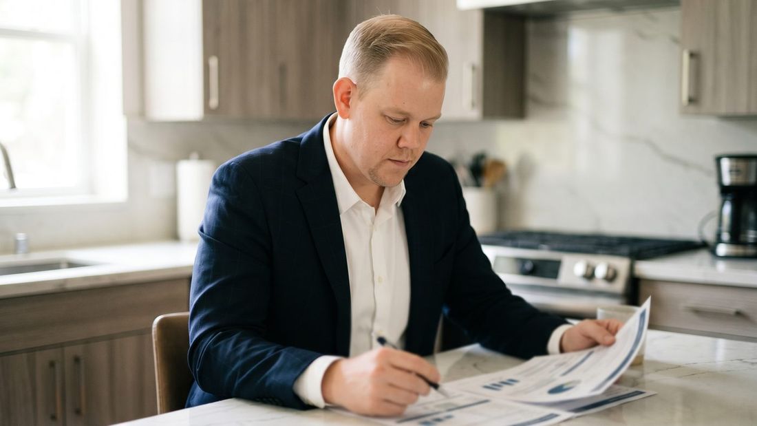 Paul Sudlow reviewing a home valuation report at a kitchen island